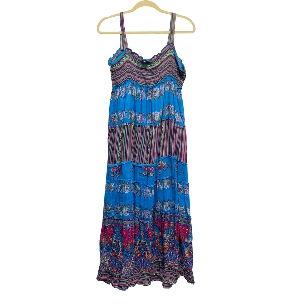 Jasmine Maxi Dress Medium Blue Patchwork Floral Boho Tiered Smocked Bodice Airy